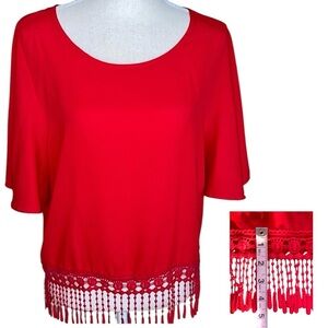 3/$20 Blue Sketch Red Fringe Top Flutter Sleeve Boho 4.5” Embroidered Trim Hem